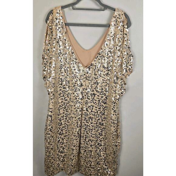 Vintage Y2k DEB Rose Gold Sequin Stretchy Mini Glam Club Dress 3X Double V Neck - Picture 5 of 8
